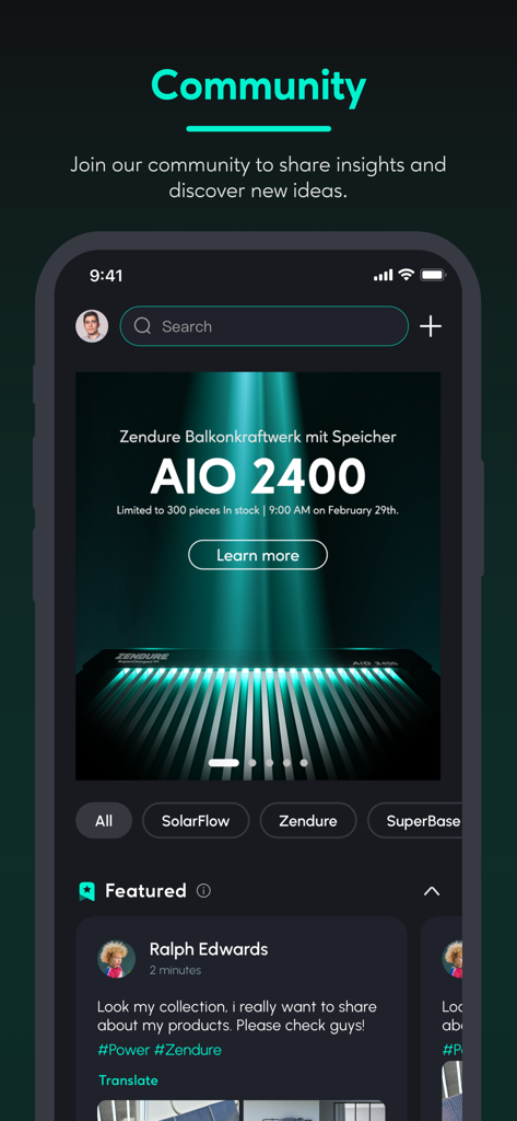 Zendure - A screenshot of the Zendure app community page showing a featured product and a user post
