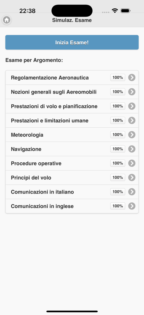 Schermata di simulazione d'esame che mostra gli argomenti aeronautici e i progressi per la licenza PPL