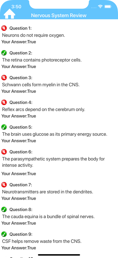 True False : Anatomy Trivia - Pantalla de revisión del sistema nervioso que muestra preguntas y resultados del cuestionario de anatomía.