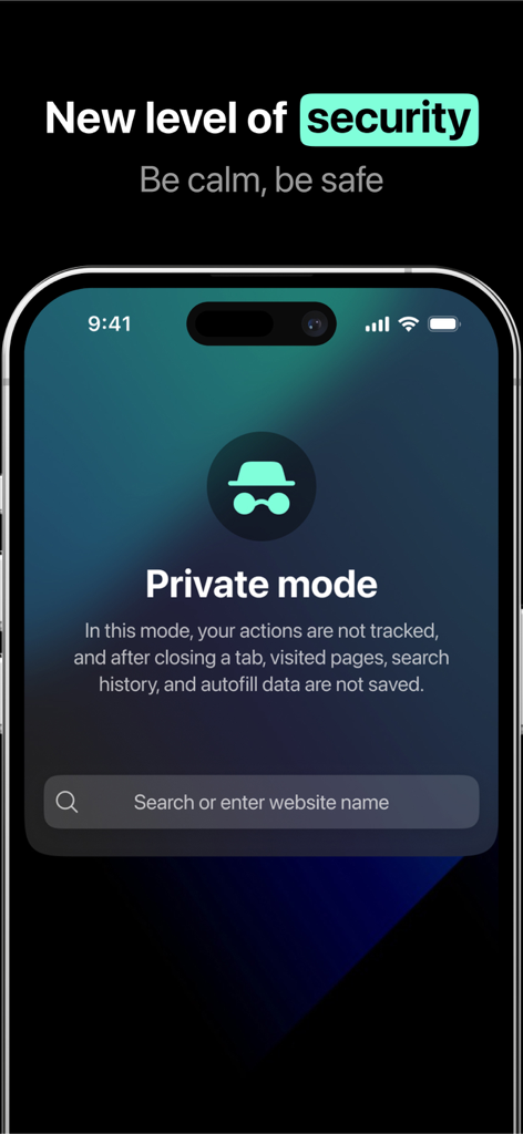Jet browser - VPN + AdBlock - Interface do aplicativo Jet Browser exibindo modo privado e recursos de segurança em um iPhone