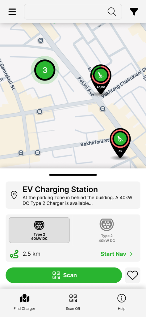 Map interface of the EV Power Georgia app showing locations and details of electric vehicle charging stations in Tbilisi