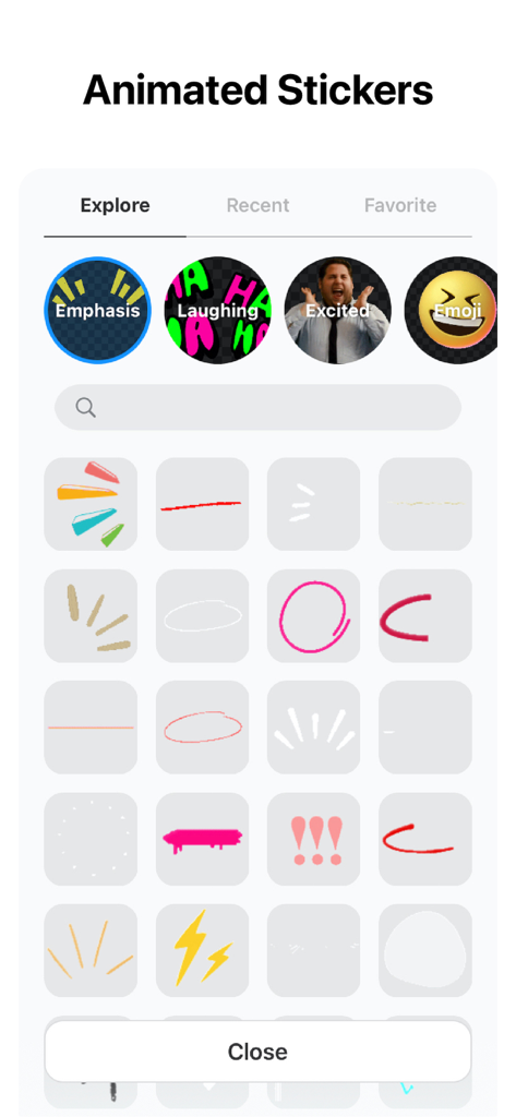 Libreria di adesivi animati ed elementi di graphic design nell'app di editing video Vlogr