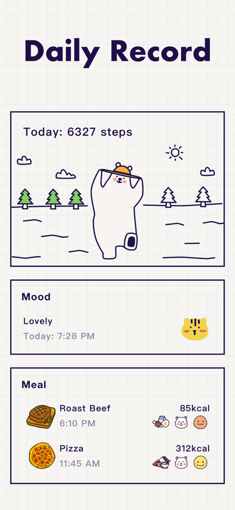 Daily health log showing step count mood and food calories in the fasting tracker app