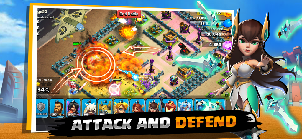 X-War: Clash of Zombies - Gameplay screenshot of X-War Clash of Zombies showing a base attack with explosions and a hero character