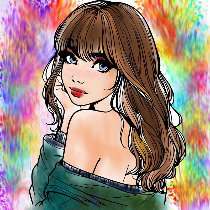 realistic girl with bangs looking over her shoulder