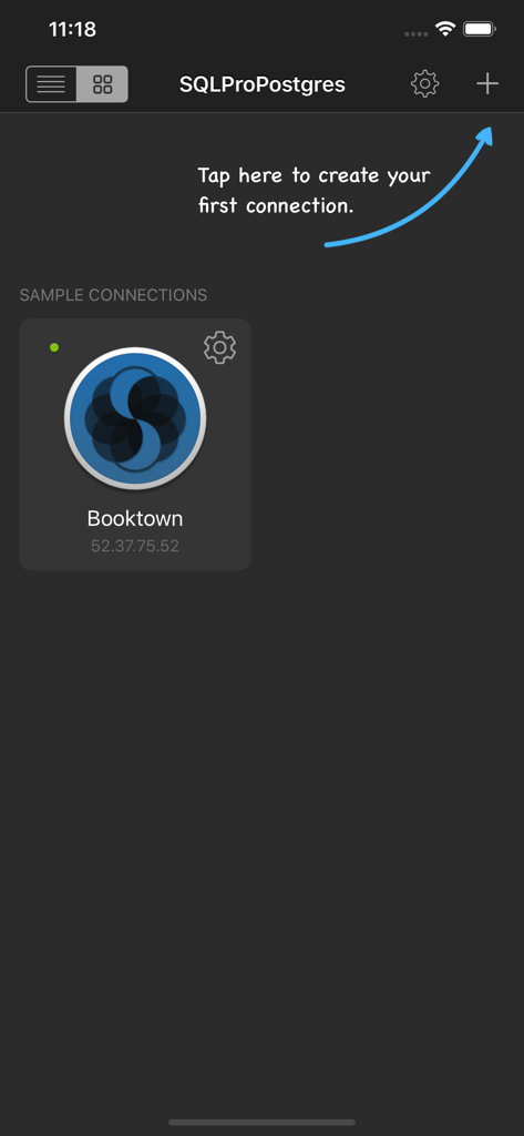 Tela inicial do aplicativo SQLPro Postgres mostrando exemplos de conexões de banco de dados e um aviso para criar uma nova conexão.