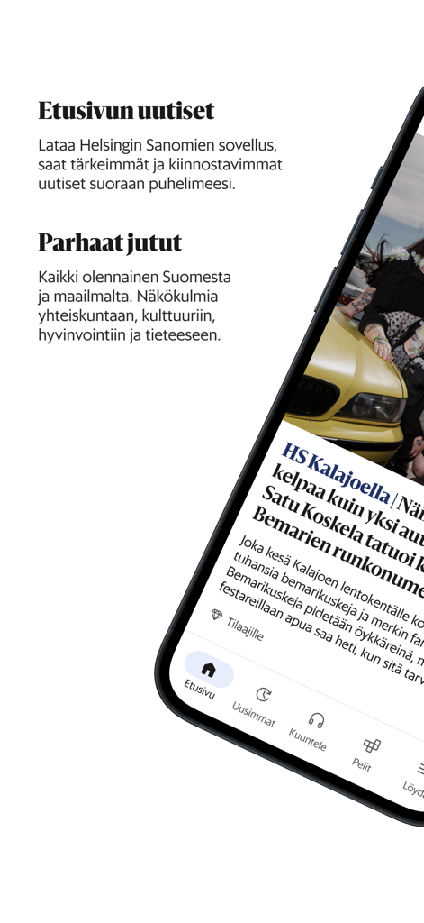 HS – Helsingin Sanomat - Helsingin Sanomat news app interface showing front page stories in Finnish