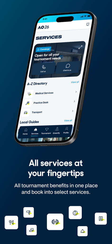 AO Player app interface showing the tournament services directory including medical and transport options
