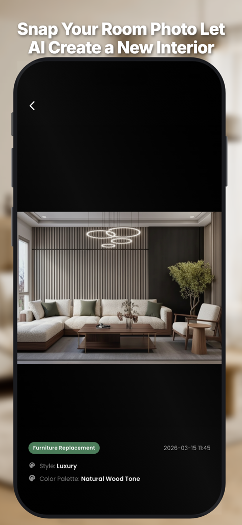 AI Room Design : Home Interior - AI generated luxury living room interior with modern furniture and wood tones.