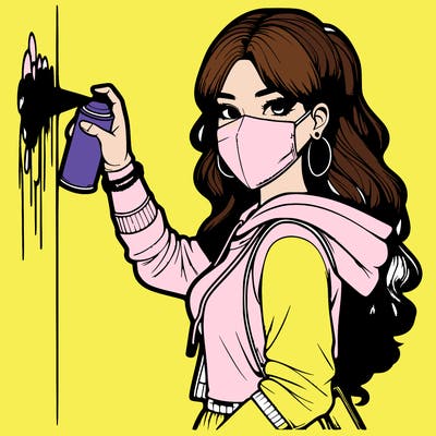 realistic girl with mask spray painting a wall