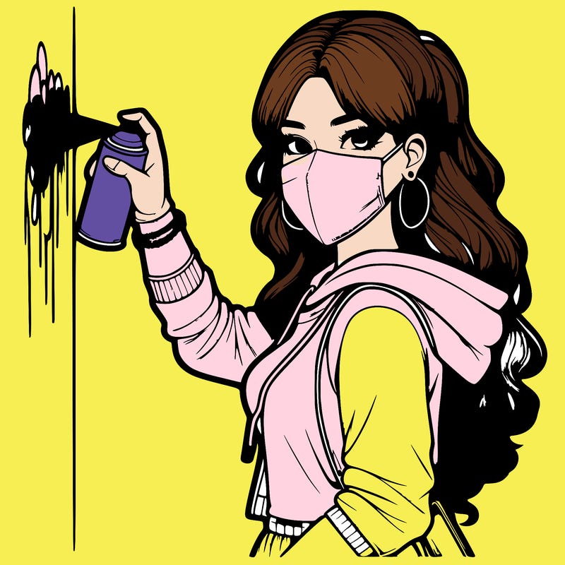 realistic girl with mask spray painting a wall