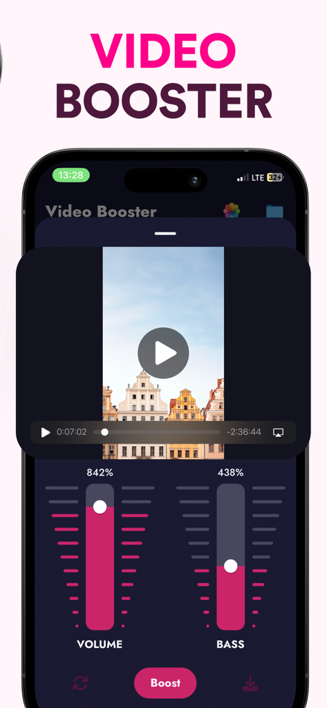 Interfaz de la aplicación Volume Booster con reproductor de video y deslizadores para ajuste de volumen y graves