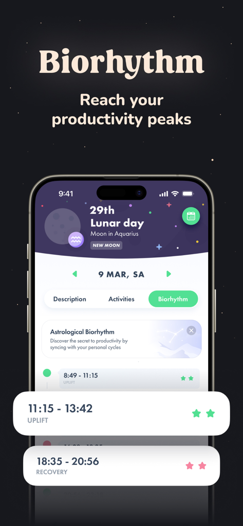 Navamsha: Moon Phase Calendar - Navamsha-App zeigt persönliche astrologische Biorhythmus-Zyklen für Produktivität an.