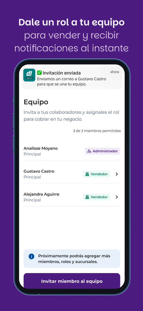 Deuna Negocios: cobra fácil - Pantalla de gestión en la app Deuna Negocios para asignar roles y permisos a los miembros del equipo