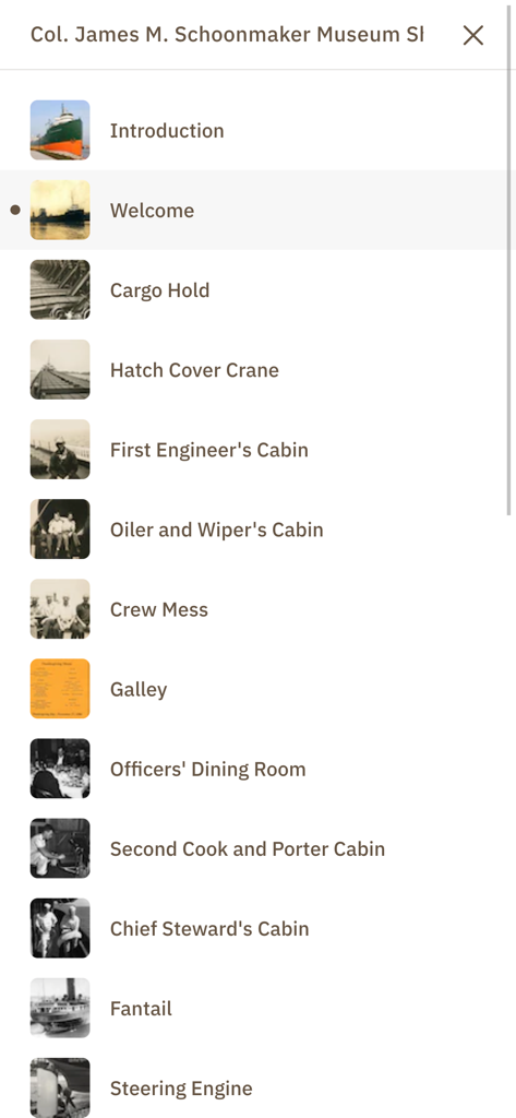 Bildschirm der mobilen App mit einer Liste der Tour-Abschnitte für das Museumsschiff Schoonmaker.