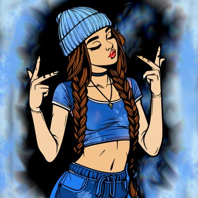 realistic teenage girl with braids and a beanie and crop top doing 🫶🏼