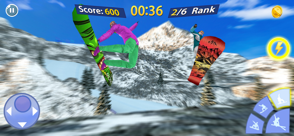 Snowboard Master 3D - Two snowboarders performing mid-air tricks in a 3D mountain racing game with on-screen controls and score interface