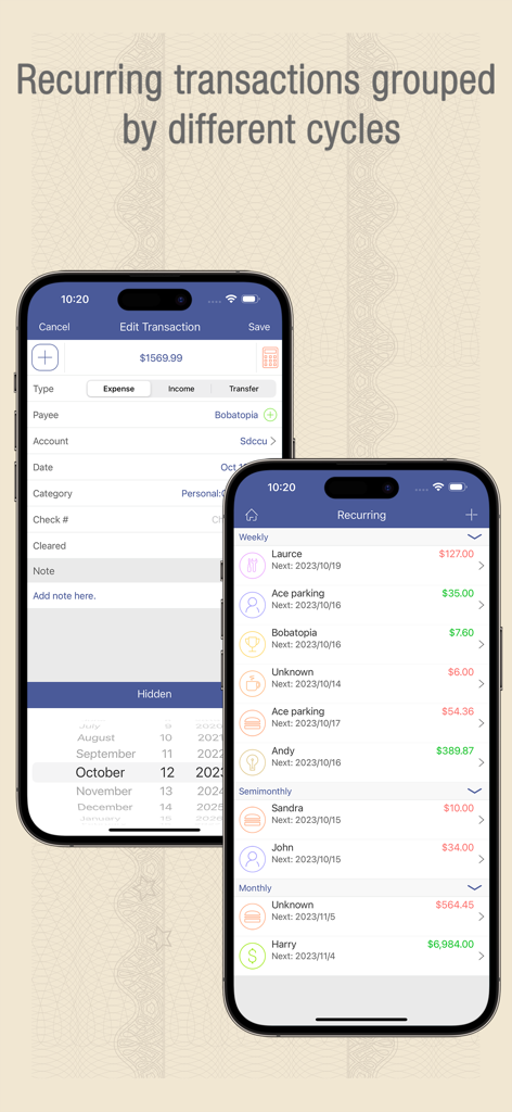 Two iPhone screens showing the Checkbook Wiz recurring transactions feature and transaction editing interface.