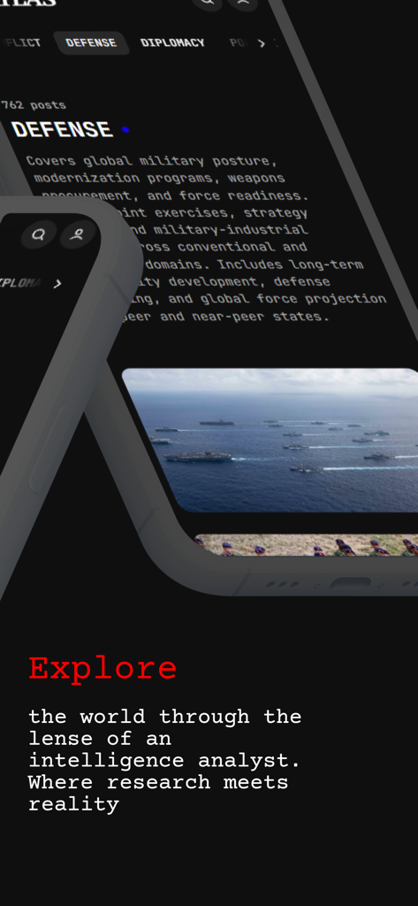 The Atlas News - Interface de l'application mobile Atlas News montrant une note de renseignement de défense avec une flotte de navires militaires.