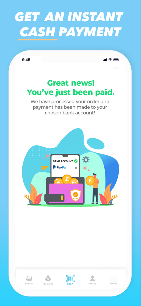 Tela de confirmação de pagamento para o aplicativo de venda de livros Venda de Volta mostrando pagamento em dinheiro para conta bancária ou PayPal.