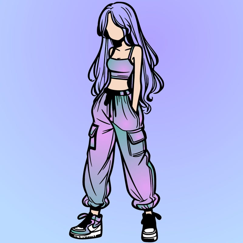 girl in baggy pants crop top and long hair