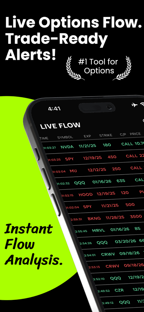 Flow Greeks app showing live options flow data and trade alerts