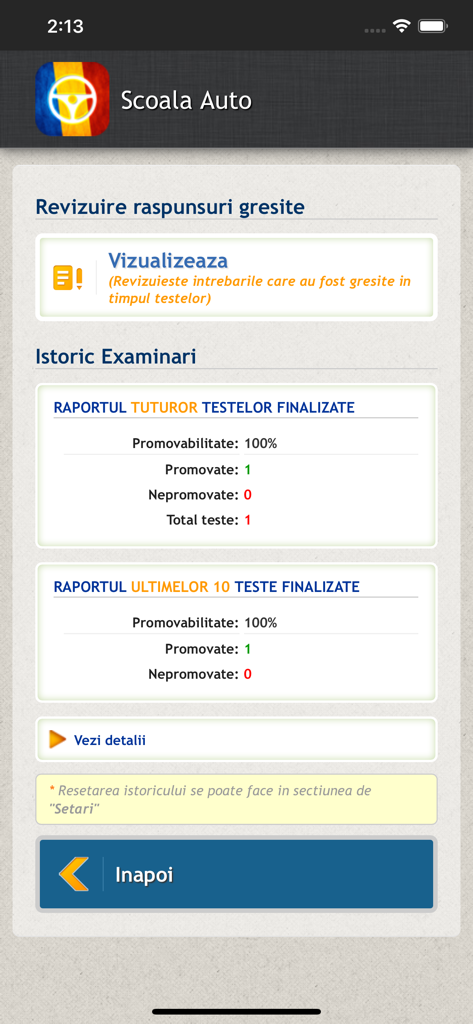 Scoala Auto, Chestionare auto - A screen showing the driving exam history and progress reports including pass rates and completed tests.