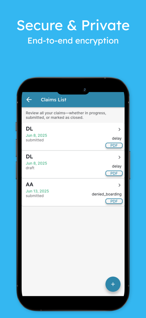 RefundMe AI travel claims - Screenshot of the RefundMe AI app displaying a secure claims list with flight delay and denied boarding entries