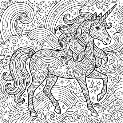 Dive into a world of magic with this stunning adult coloring page featuring a majestic rainbow unicorn. Its intricate patterns and celestial background promise hours of mindful creativity and stress relief.