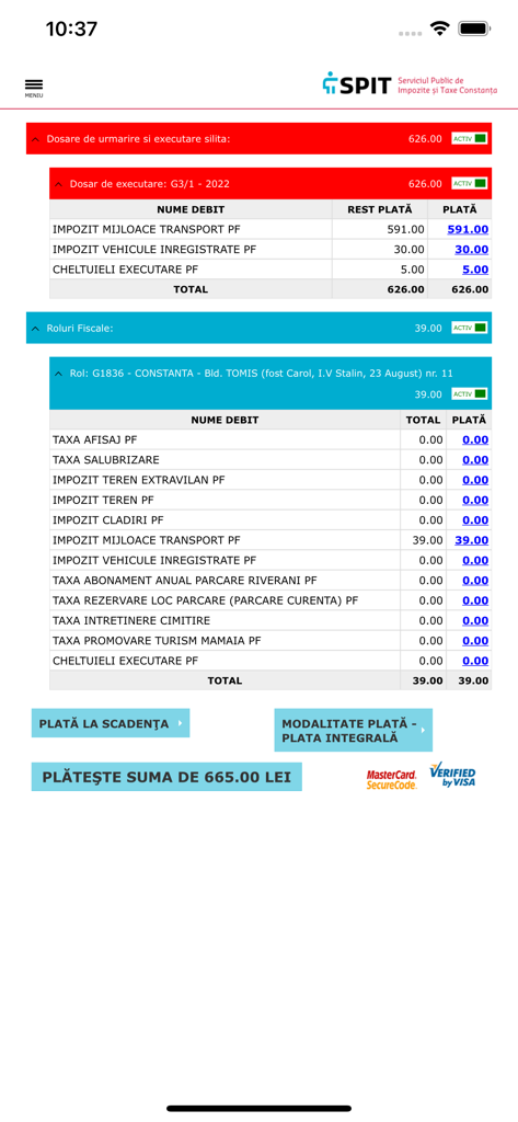 eTax Mobile - SPIT - Interface of the eTax Mobile SPIT app showing a detailed breakdown of local taxes and a payment summary for Constanta residents