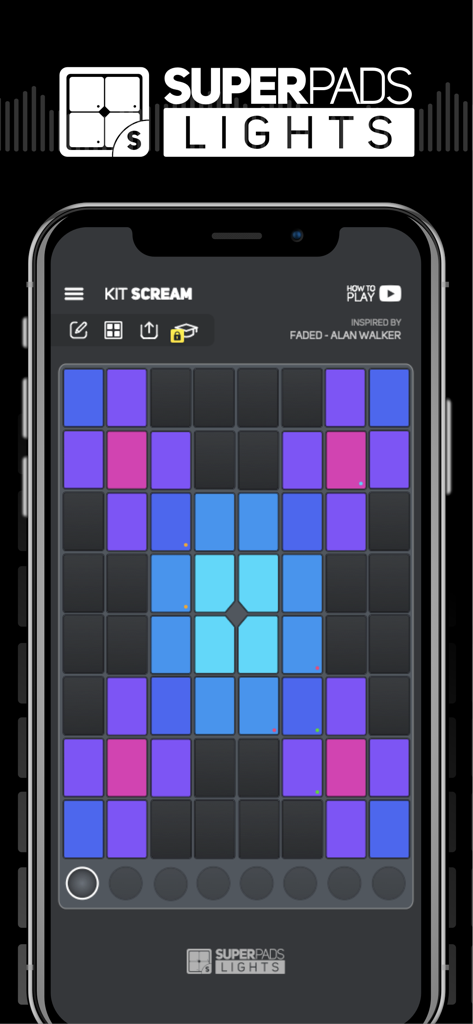 Super Pads Lights mobile app interface showing a colorful music launchpad grid