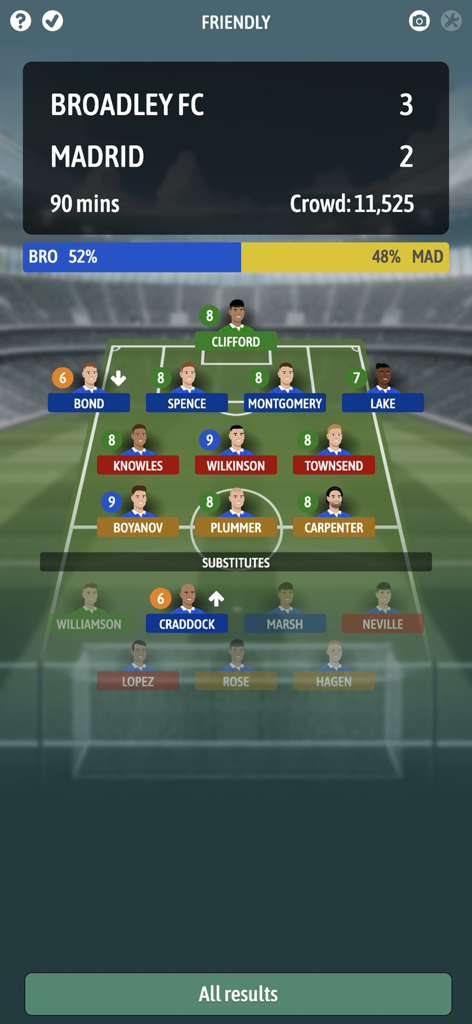Football Chairman Pro 2 - Broadley FC versus Madrid match result and team formation screen in Football Chairman Pro 2
