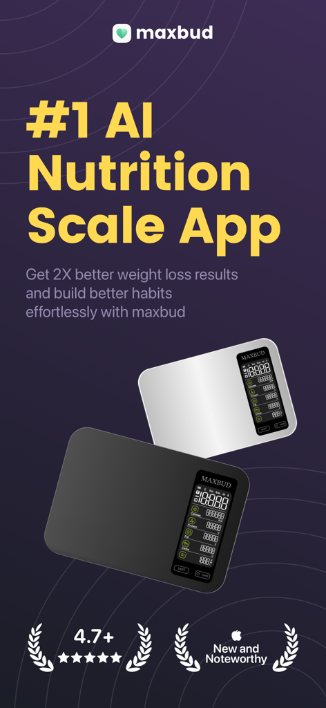 maxbud: AI  Health Tracking - Promotional banner for maxbud AI nutrition scale app showing smart scales