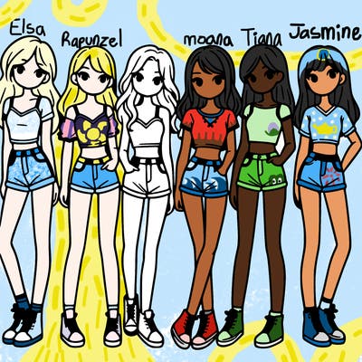 a group of girls wearing crop tops and shorts