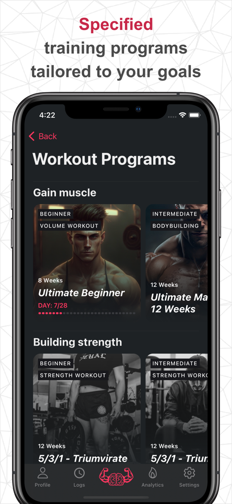 SmartWorkout - Gym Log Tracker - Pantalla de la aplicación móvil SmartWorkout que muestra varios programas de entrenamiento para ganar músculo y desarrollar fuerza