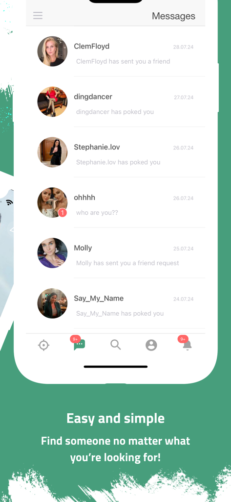 Capture d'écran de l'écran des messages de l'application Linduu montrant les notifications des utilisateurs et l'historique des conversations