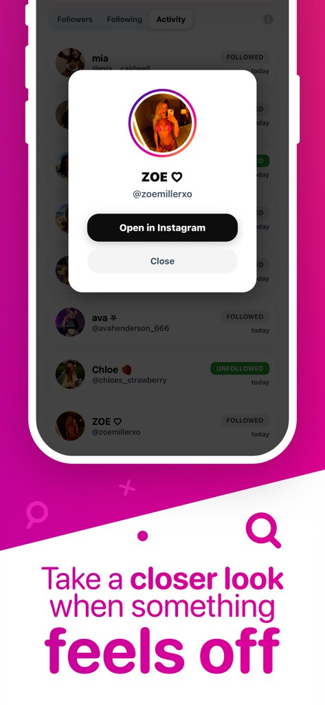 Snitch: Recent Follow Tracker - A mobile app interface showing tracked instagram activity with a user profile popup and a button to open in instagram