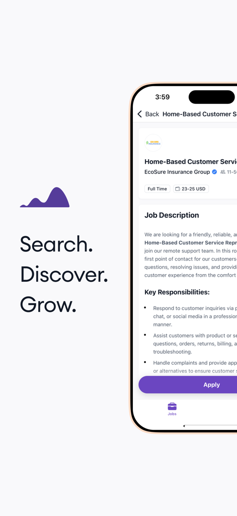 La interfaz de la aplicación móvil Himalayas que muestra la descripción de un puesto de servicio al cliente remoto en EcoSure Insurance Group.