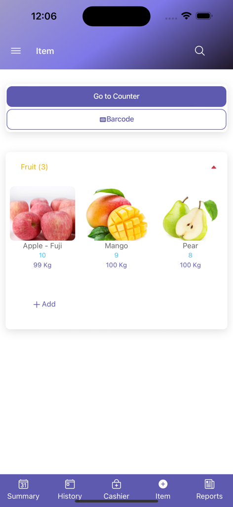 Ez POS - Online Cashier App - Ez POS app inventory management screen showing fruit items with stock counts and weights