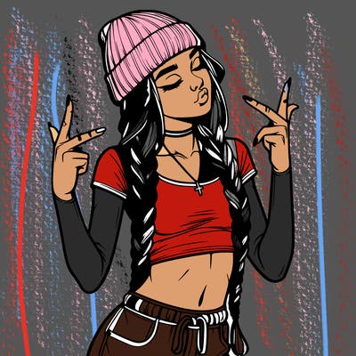 realistic teenage girl with braids and a beanie and crop top doing 🫶🏼