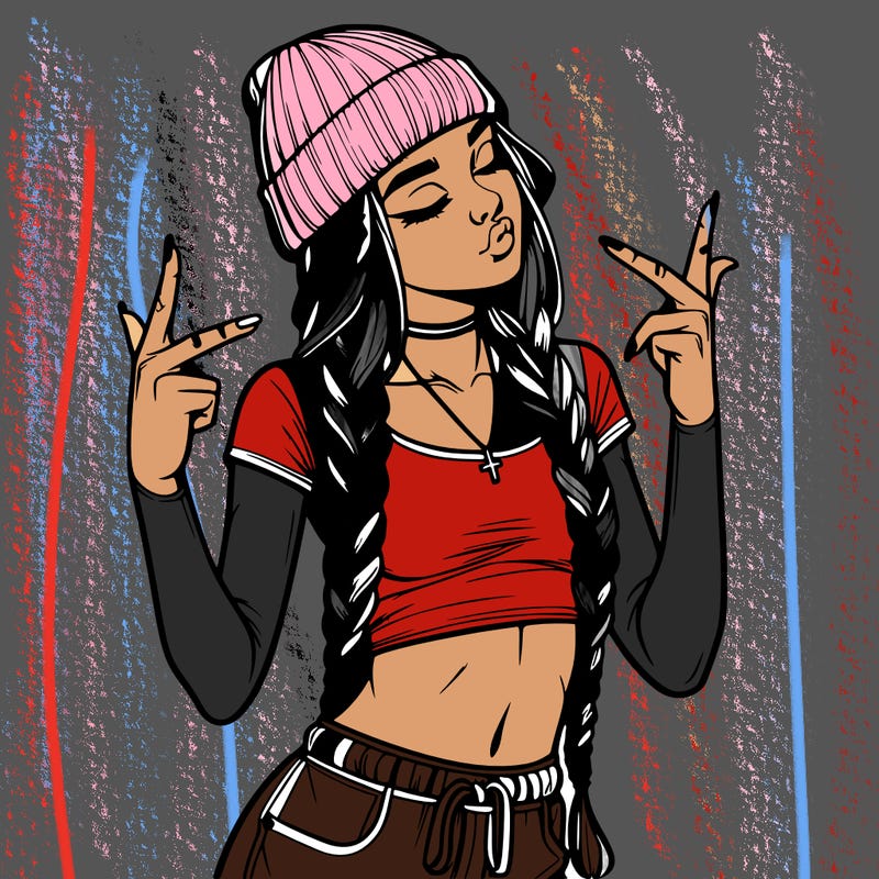 realistic teenage girl with braids and a beanie and crop top doing 🫶🏼