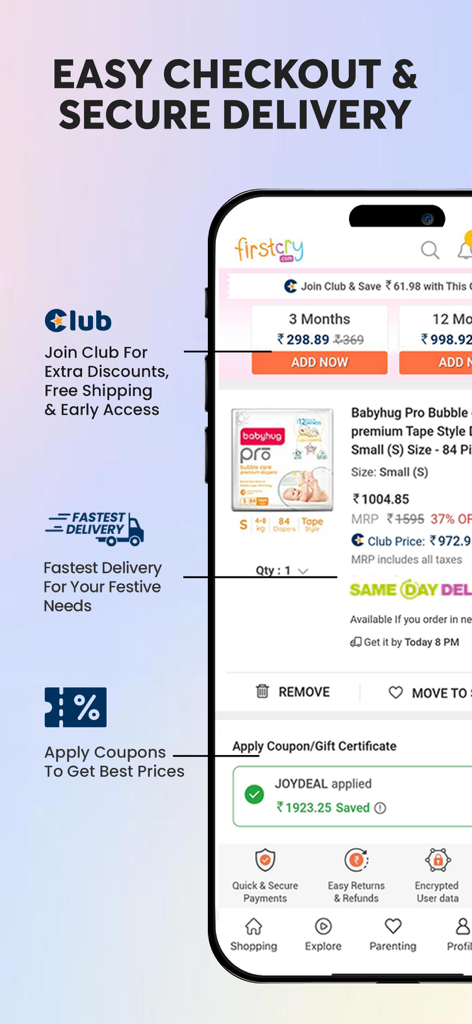 FirstCry India - FirstCry India app checkout screen featuring club membership benefits and fast delivery options