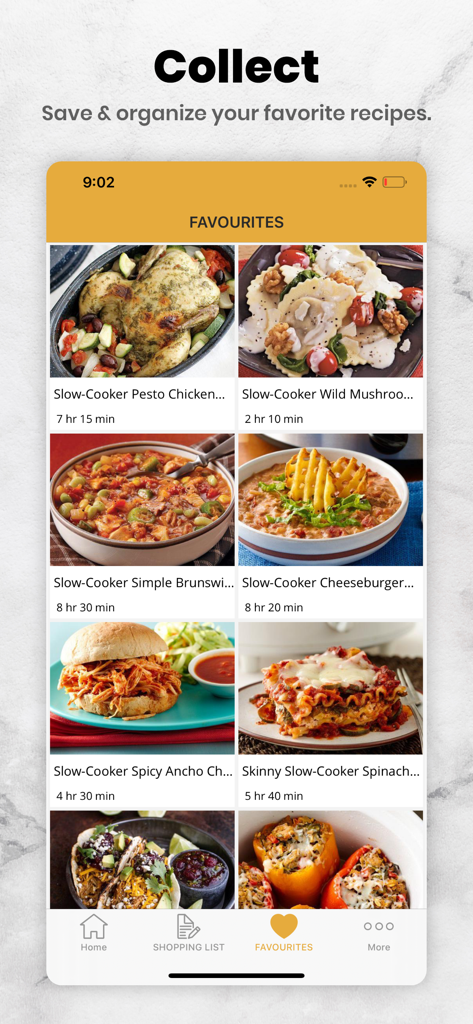 Tasty Slow Cooker Recipes - 맛있는 슬로우 쿠커 레시피 앱의 즐겨찾기 섹션 화면으로, 저장된 레시피 모음이 표시됩니다.