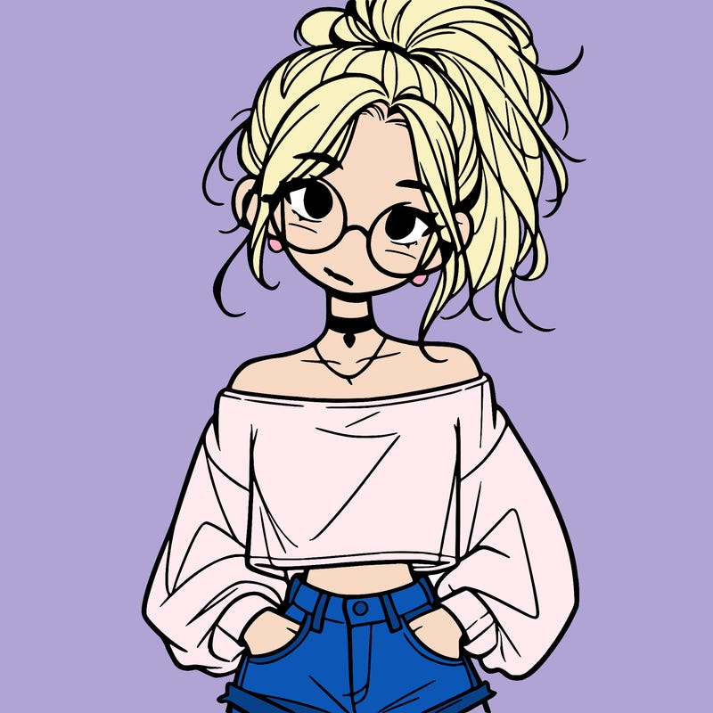 girl with a messy ponytail glasses a baggy crop top and jean shorts