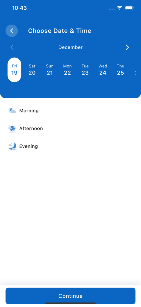 Afriglobal Medicare - Schermata dell'app Afriglobal Medicare per la scelta della data e dell'orario di un esame diagnostico