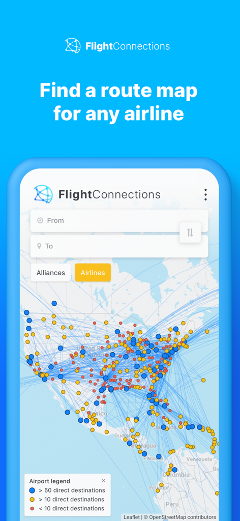 FlightConnections - FlightConnections app interface showing a map of global airline routes and airport hubs