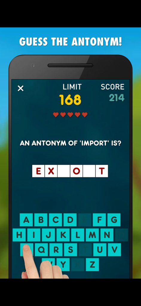 Antonyms Game - Antonyms Game mobile app showing the guessing mode interface with a word puzzle.