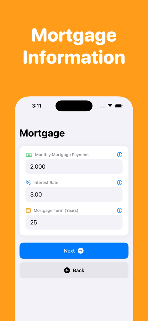 Mortgage information screen with input fields for monthly payment interest rate and loan term