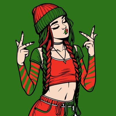 realistic teenage girl with braids and a beanie and crop top doing 🫶🏼