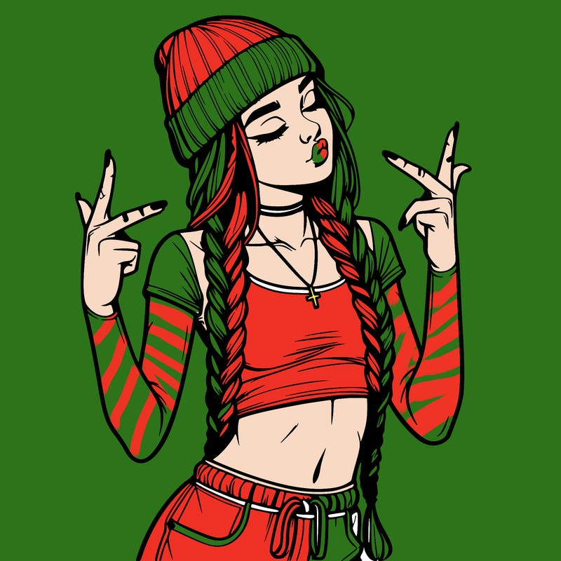 realistic teenage girl with braids and a beanie and crop top doing 🫶🏼